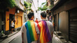 LGBT couple hugging outdoors. LGBT rainbow flag.