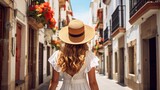Fototapeta Uliczki - Beautiful young Spanish woman strolling through Sitges' narrow streets