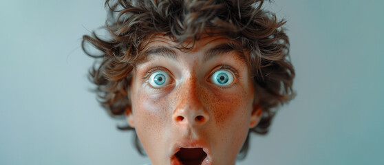 Wall Mural - A young boy with a surprised expression on his face. He has a beard and is wearing a blue shirt. a person with a shocked expression on their face against a white background,