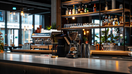 Modern Caf?, Stylish coffee shop counter with modern espresso machine and chic decor in a cozy ambiance.