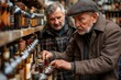 Two mature men examine bottles in a liquor store, deep in discussion.