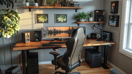 Poster - Organized Home Office With Desk, Computer, Speakers, and Potted Plant