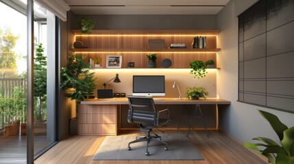 Poster - Modern Home Office at Dusk With Ambient Lighting