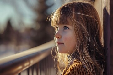 Wall Mural - portrait of a little girl on the background of a wooden fence