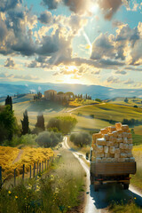 Wall Mural - Cargo truck full of cheese products on the road in the pasture with sheep in a tuscany countryside and sunset. Concept of high quality food products, local farming, cargo and shipping.