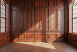 Fototapeta Koty - Sunlight casting shadows on classic wooden wall paneling