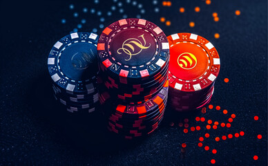 Illustration of casino roulette, game chips, gambling, photo style