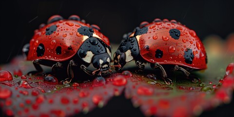 Wall Mural - wildlife texture photography, close-up of ladybugs on a red flower in rain