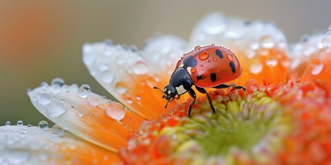 Wall Mural - Macro Photography, Ladybug on Orange Flower with Pristine Water Droplets