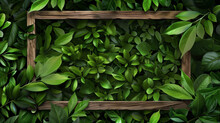 A Wooden Frame With Green Leaves Surrounding It. The Frame Is Empty, But It Gives The Impression Of A Natural Setting