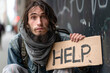 portrait of homeless man holding a HELP cardboard sign in the street, hungry, no-job
