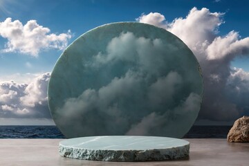 Wall Mural - Product packaging mockup photo of Product presentation podium with a stone plinth in the middle cloud and views of the sea clouds., studio advertising photoshoot