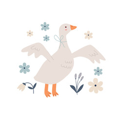 Wall Mural - Happy Easter  card. Cute hand drawn Spring print with goose, flowers, leaves 