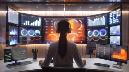 Poster - Woman Working at Desk With Multiple Monitors
