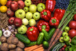 Bio organic vegetable and fruit on farmer market. Food background with assortment of fresh organic fruit and vegetables.