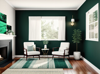 A living room with a fireplace, two chairs, and a green wall.