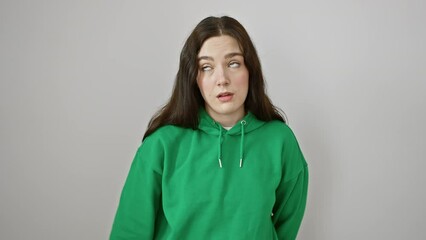 Poster - Angry young woman in sweatshirt stands isolated on white, showing thumbs down, expressing unhappily her negative feeling and dislike