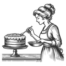 Woman Confectioner Cake Baking Hand-icing Kitchen Utensils And Ingredients. Sketch Line Art Engraving Generative Ai Vector Illustration. Scratch Board Imitation. Black And White Image.