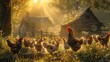 In a tranquil farmyard, blooming dandelions surround a rustic wooden cabin as a flock of chickens savors the warmth of the sunset.