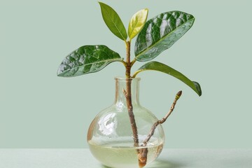 Poster - A small plant in a glass vase with water and leaves, AI