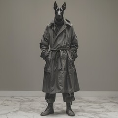 Wall Mural - A dog in a trench coat is posing for a photo. The man is wearing boots and a tie. The photo is black and white