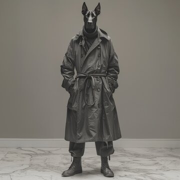 A dog in a trench coat is posing for a photo. The man is wearing boots and a tie. The photo is black and white