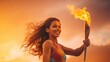 A beautiful female athlete solemnly carries the Olympic flame against the background of a colorful sunset in the sky