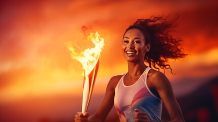 A beautiful black female athlete solemnly carries the Olympic flame against the background of a colorful sunset in the sky