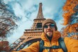 Tourist in yellow jacket at Eiffel Tower