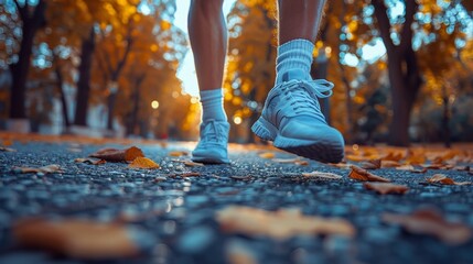 Canvas Print - A person's feet are covered in white sneakers as they walk on a leafy road, AI