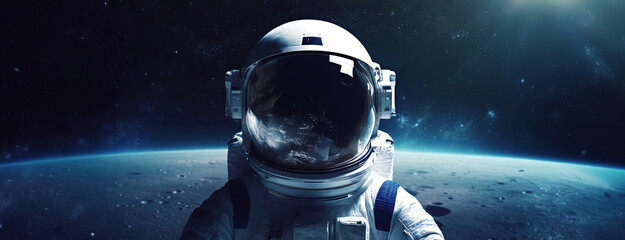 selfie of an astronaut on the moon with earth in view. a striking image of an astronaut taking a sel