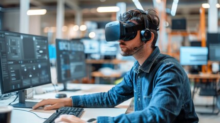 Poster - Man Using Virtual Headset at Computer Desk