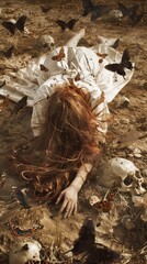 Canvas Print - A woman laying on the ground surrounded by skulls and butterflies