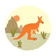 Cute kangaroo with baby and Australian landscape. Vector illustration
