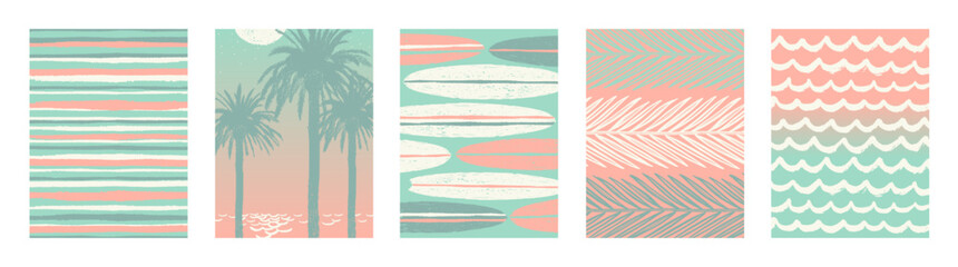 Wall Mural - Set of tropical vacation and summer holidays hand drawn posters or greeting card. Vector illustration.