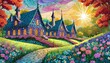 cartoon houses in fairy meadow with sun 