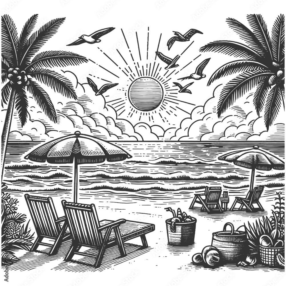 relaxing beach scene with palm trees, beach chairs under an umbrella ...