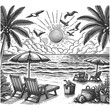  relaxing beach scene with palm trees, beach chairs under an umbrella, and flying seagulls sketch engraving generative ai vector illustration. Scratch board imitation. Black and white image.