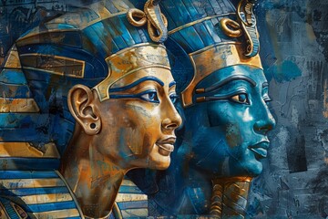 A couple embodies Egyptian pharaohs, adorned in dark black and blue hues, showcasing intricate body art inspired by nature.