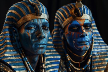 A couple embodies Egyptian pharaohs, adorned in dark black and blue hues, showcasing intricate body art inspired by nature.