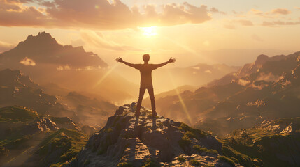 A man standing on top of the mountain with his arms outstretched, looking at the sunrise. He is smiling and feeling free from negative emotions. The scene captures him in a full body, winner, proud 