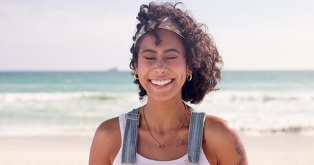 Wall Mural - Face, beach and funny with woman, sunshine and holiday with happiness, waves and adventure. Outdoor, seaside and person with joy and weekend break with tropical island getaway and journey with travel