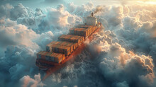 Close Shot Of Container Ship Is Flying In Air With Clouds Like Sea Waves  " Ai Genarated "