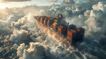 Wall Mural - close shot of container ship is flying in air with clouds like sea waves  