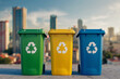 Green, Yellow, and Blue Recycle Bins in Urban Setting