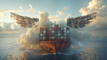 Wall Mural - close shot of container ship is flying in air with clouds like sea waves  