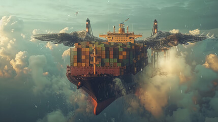 Wall Mural - close shot of container ship is flying in air with clouds like sea waves  