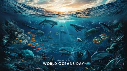 Wall Mural - June 8, World oceans day, with underwater ocean, dolphin, shark, coral, sea plants, stingray and turtle