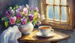 still life with flowers and cup of tea