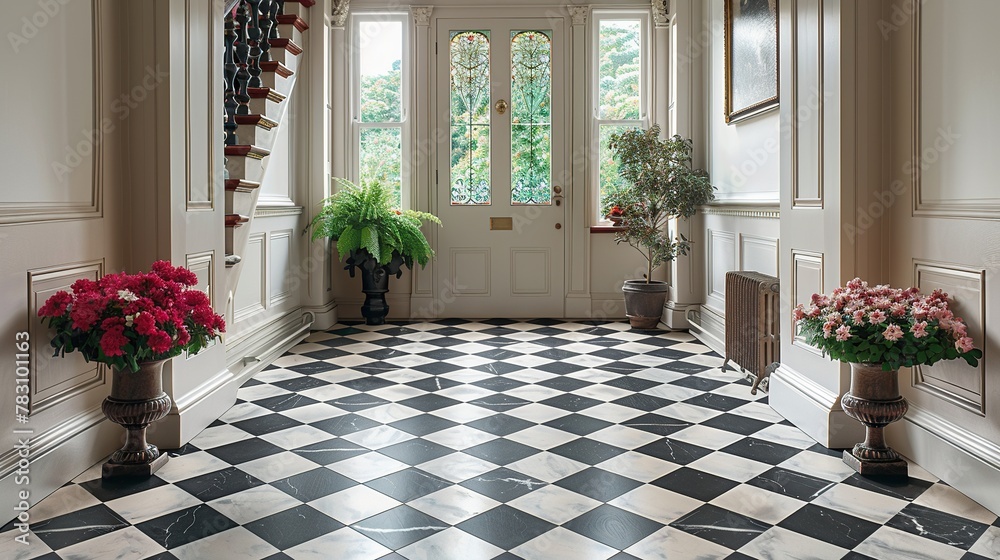 A classic hallway featuring traditional black and white checkered ...